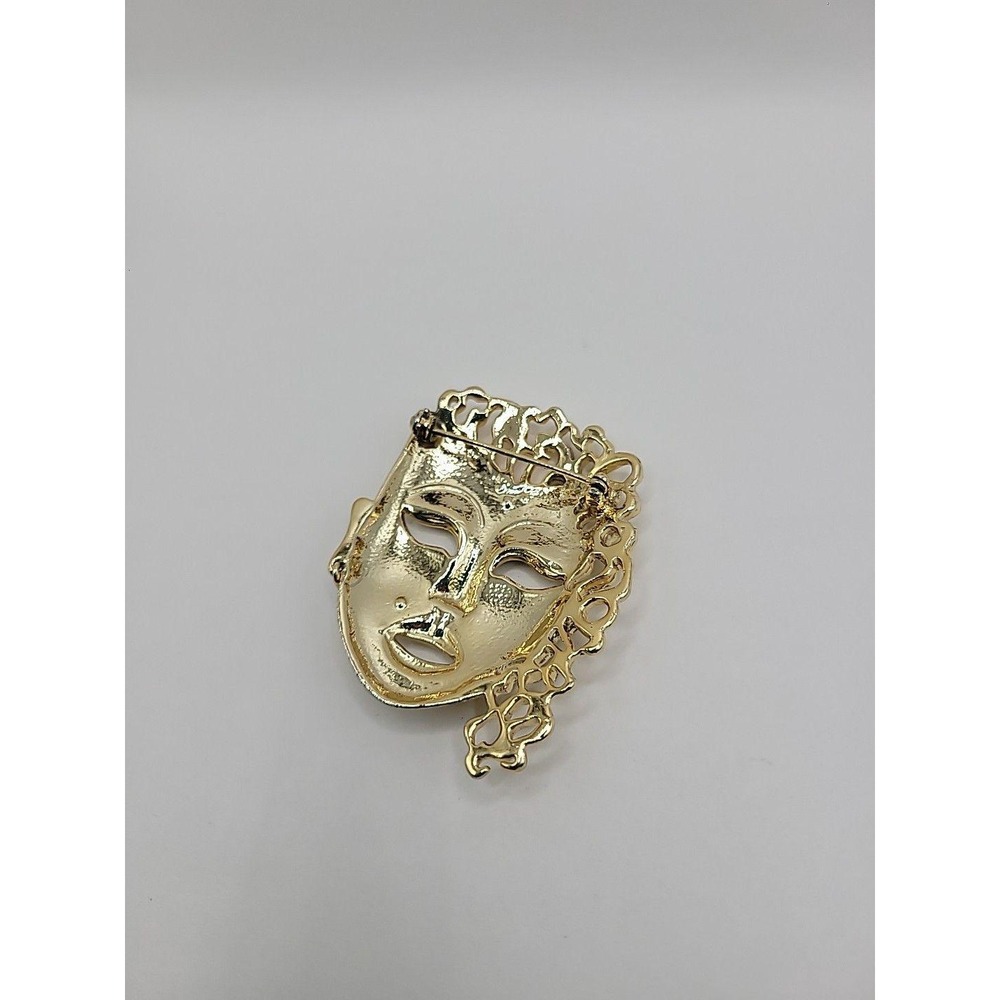 Vintage Gold Tone Drama Mask Brooch pin Rhinestone Beauty Mark Theatrical Face - Picture 8 of 10